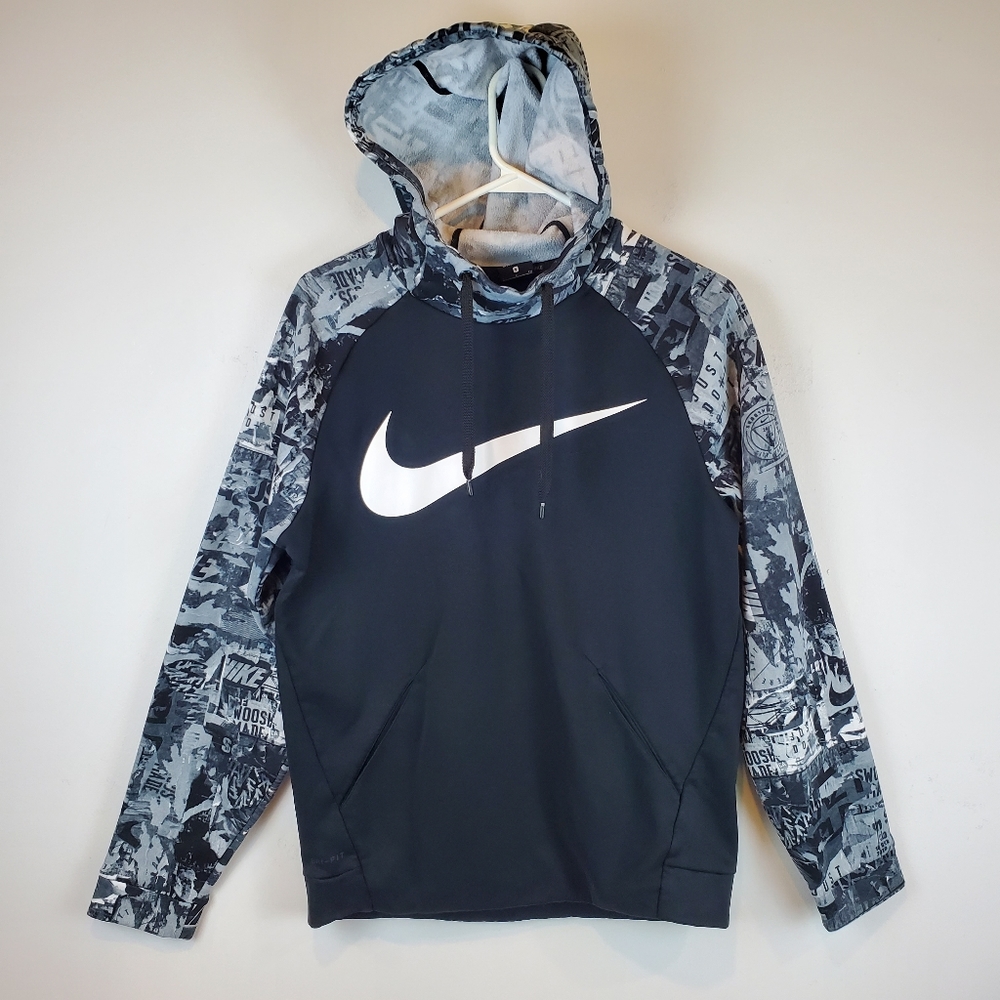 Nike Swoosh Dri Fit Training Pullover Hoodie Black Gray Graphic Block Size Small